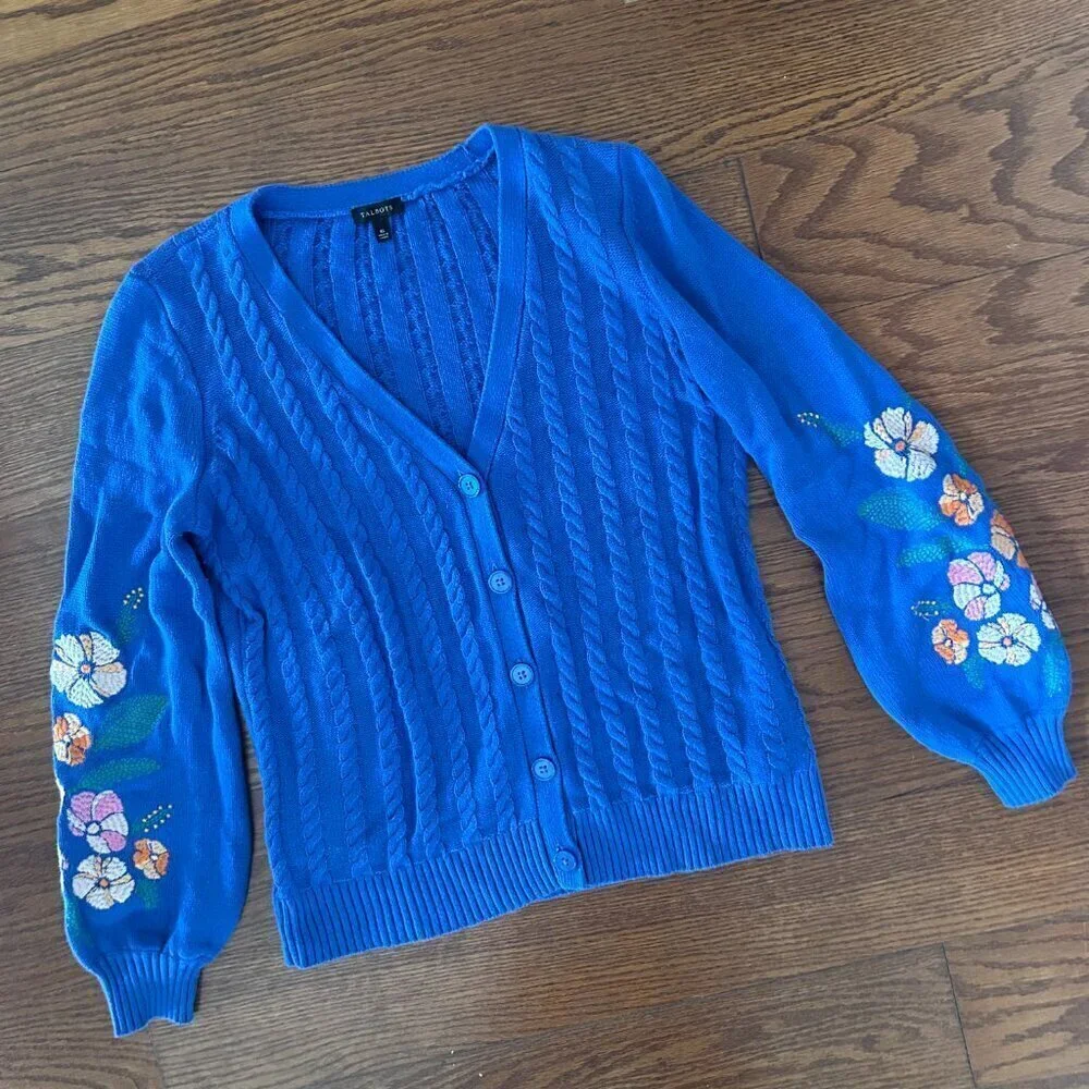 Talbots Blue Cable Knit Floral Embroidered Button Front Cardigan Size XS Relaxed
